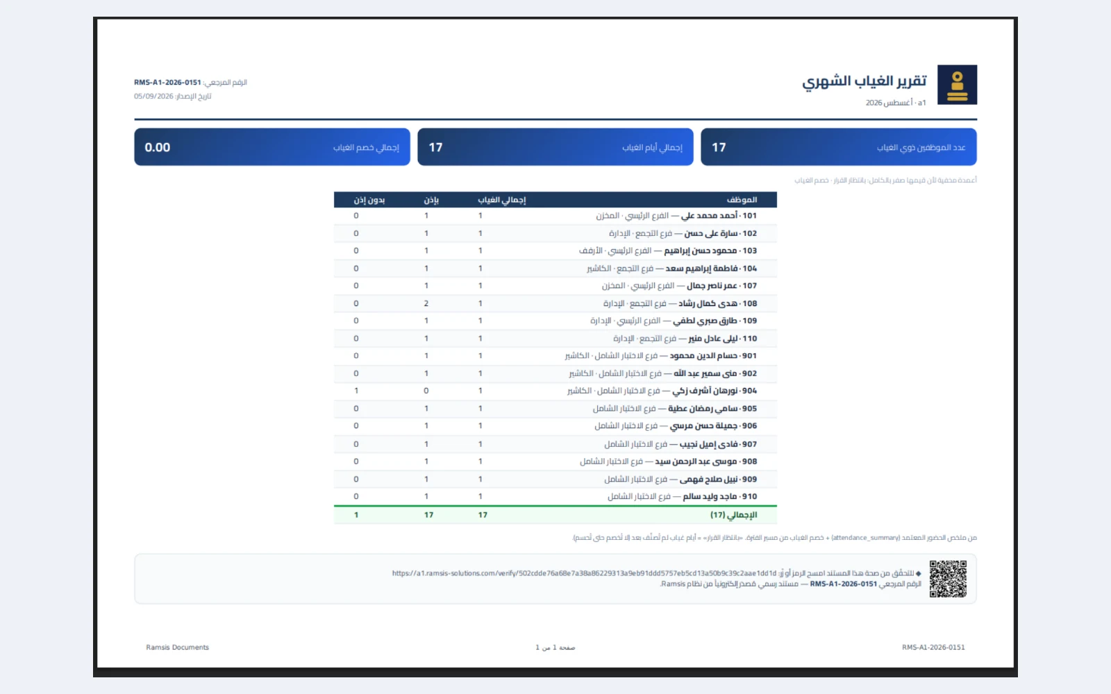 مستند رسمي من Ramsis بمرجع فريد ورمز QR للتحقق العام.